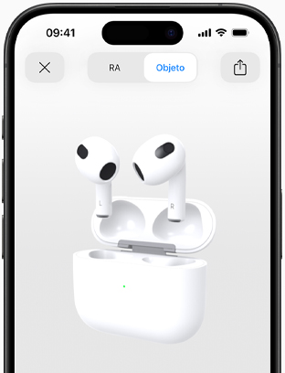 A tela mostra os AirPods terceira geração em realidade aumentada em um iPhone.