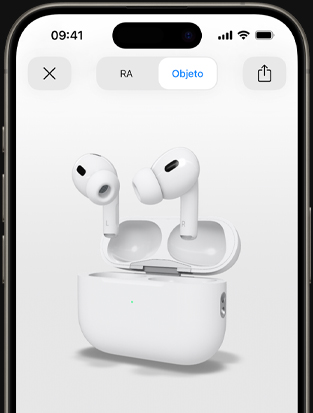 Tela do iPhone mostrando renderização dos AirPods Pro em realidade aumentada.