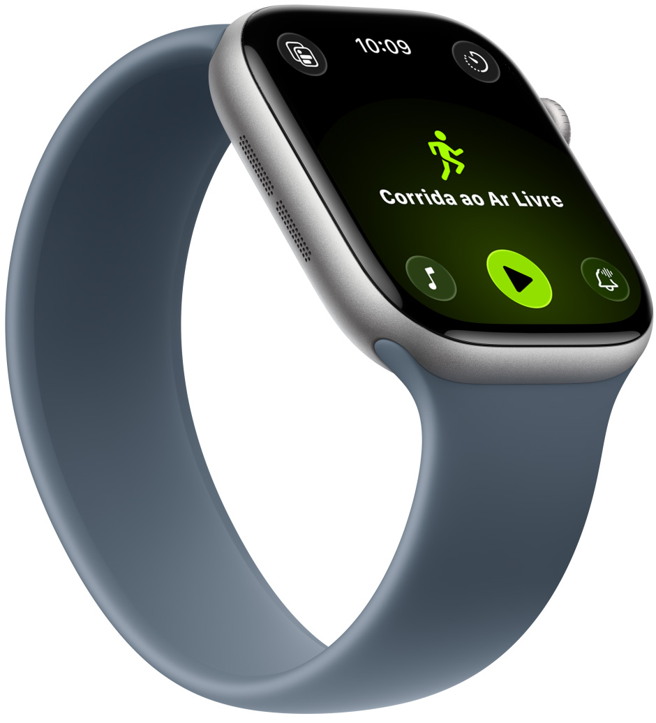 Apple Watch Series 11 com caixa preta brilhante de alumínio e pulseira loop solo azul-âncora, app Exercício, cartões de treino: Corrida ao Ar Livre, Skate ao Ar Livre