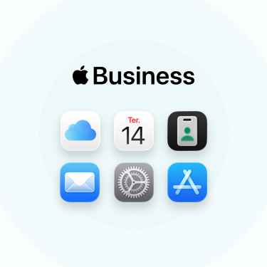 Uma linha de apps e ferramentas para empresas, incluindo iCloud, Calendário, Mapas, Apple Business, Mail, Ajustes e App Store.