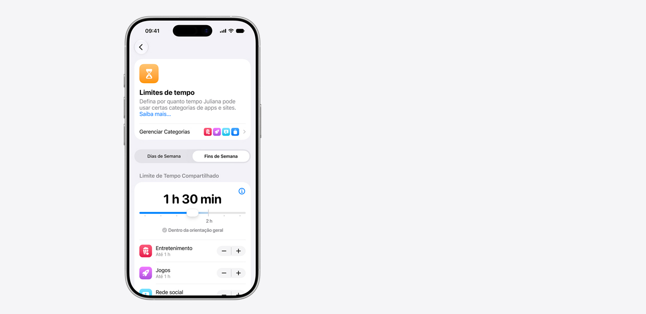 Um iPhone mostrando a interface do Limite de Tempo, incluindo um intervalo compartilhado de uma hora e 30 minutos, e sugestões de limites para categorias de apps como entretenimento, jogos e redes sociais