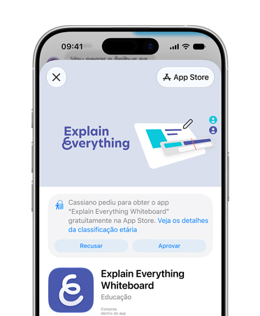 iPhone mostrando a página de produto do Explain Everything Whiteboard na App Store, com uma mensagem pedindo para recusar ou aprovar o acesso para uma conta de criança