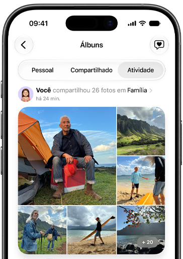 No iPhone, a tela Álbuns com a aba Atividade selecionada mostra um Álbum Compartilhado com fotos de uma viagem da família ao Havaí