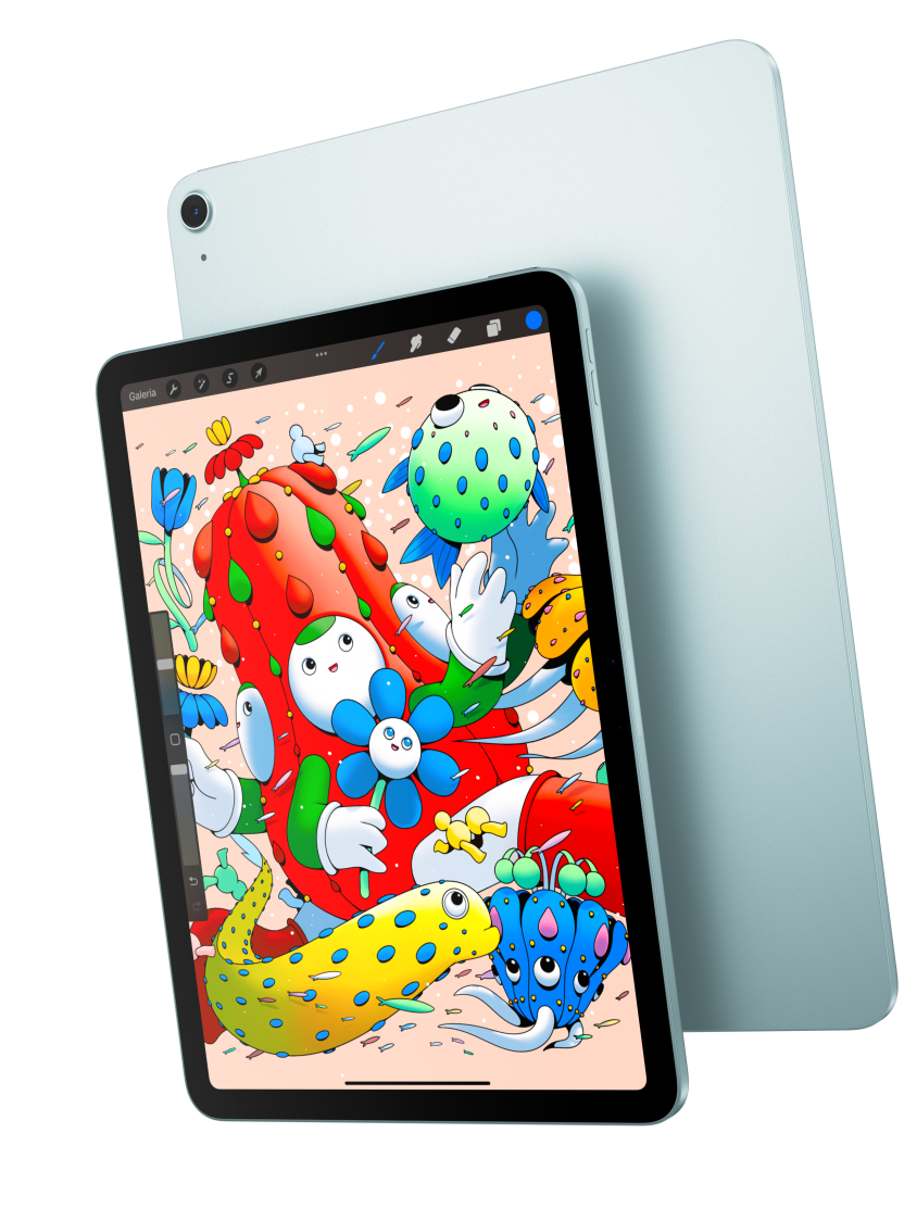 Imagem da parte da frente do iPad Air mostrando o modelo de 11 polegadas que se sobrepõe à parte de trás de um iPad Air azul.
