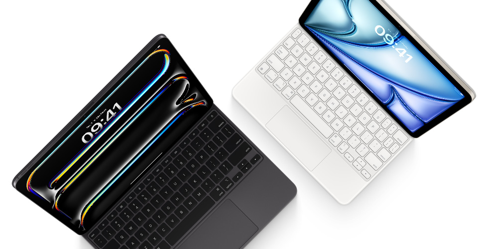 Imagem de cima do iPad Pro fixado em um Magic Keyboard preto para iPad Pro e do iPad Air fixado em um Magic Keyboard branco.