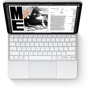 Imagem de cima do iPad Pro com um Magic Keyboard branco para iPad Pro.