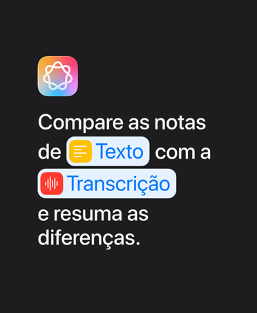 Tela do iPad Pro com o ícone da Apple Intelligence e o texto 'Compare notas no Texto e na Transcrição e resuma as diferenças'