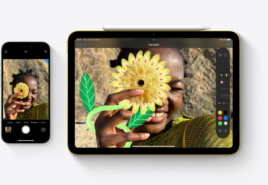 Um iPhone 15 e um iPad lado a lado, destacando a possibilidade de fazer marcações em uma foto tirada com a câmera do iPhone usando o app Fotos no iPad.