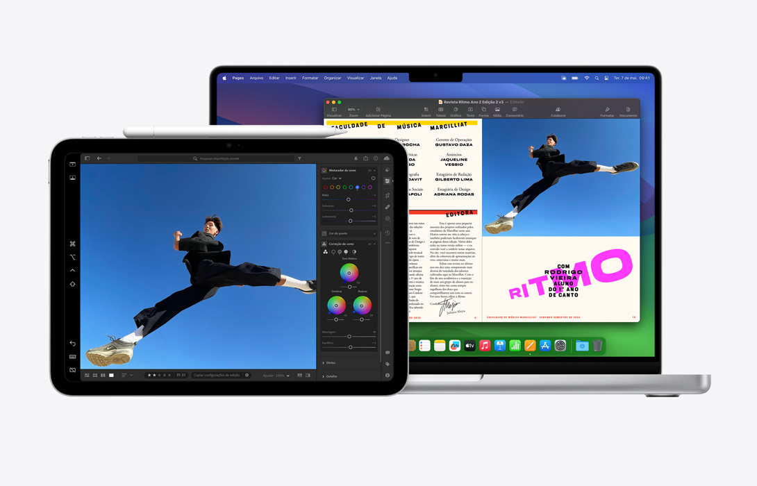 Um iPad e um MacBook Pro lado a lado, destacando como uma foto editada no iPad pode ser usada em um documento do Pages no Mac.