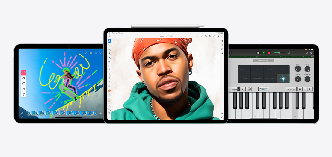 Dois aparelhos iPad e um iPad Air mostrando os apps FlipaClip, Adobe Fresco e GarageBand na tela.