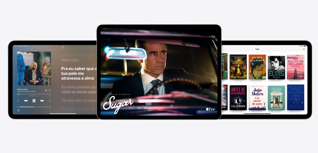 Dois aparelhos iPad e um iPad Air mostrando os apps Apple Music, Apple TV Plus e Apple Books na tela.
