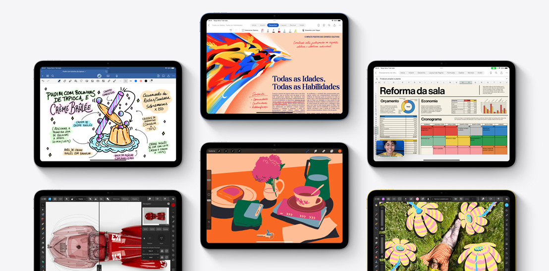 Seis aparelhos iPad diferentes mostram vários apps, incluindo Goodnotes 6, Affinity Designer 2, Microsoft Word, Procreate, Microsoft Excel e Affinity Photo 2.