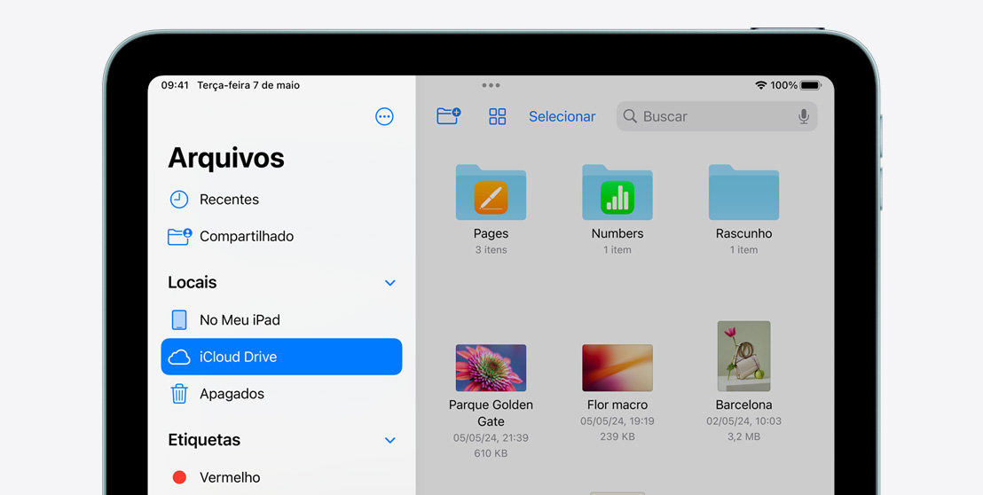 iPad Air mostrando o app Arquivos.