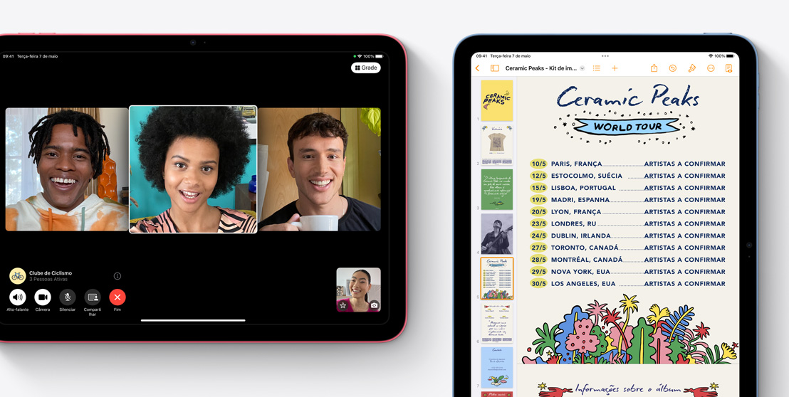 Dois aparelhos iPad são mostrados, um com uma chamada FaceTime de vídeo na tela e o outro com o app Pages.