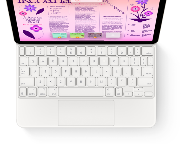 Imagem de cima do Magic Keyboard conectado a um iPad Pro.