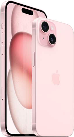 Imagem da parte da frente do iPhone 15 Plus de 6,7 polegadas e parte de trás do iPhone 15 de 6,1 polegadas na cor rosa.