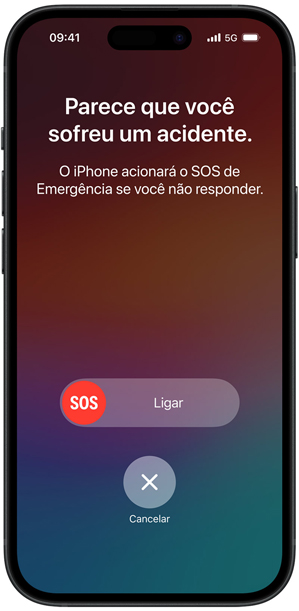 A tela de Detecção de Acidente exibe a mensagem "Parece que você sofreu um acidente. O iPhone acionará o SOS de Emergência se você não responder".
