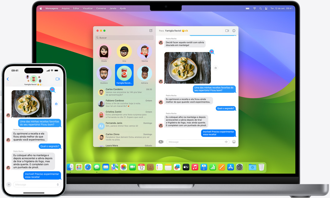 Um iPhone e um MacBook mostram a mesma conversa do iMessage.