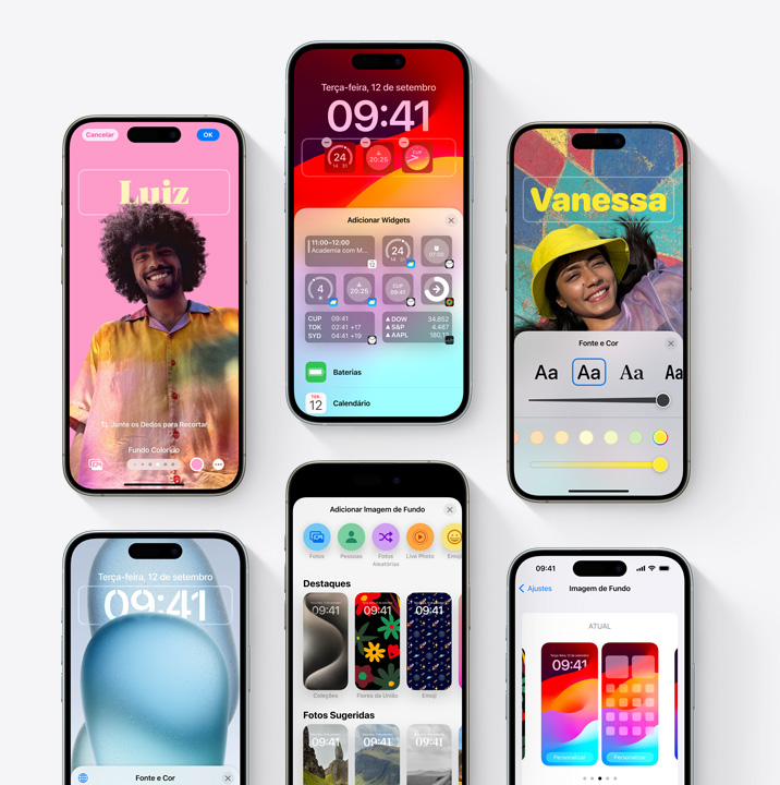 Uma imagem com seis modelos de iPhone mostrando recursos de personalização divertidos, como ajuste da Tela Bloqueada e Pôster de Contato.