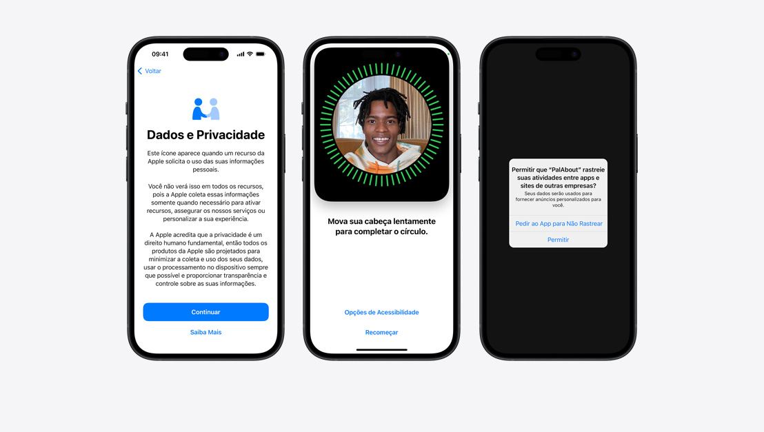 Três modelos de iPhone mostram exemplos de recursos de privacidade cotidianos, incluindo Face ID.