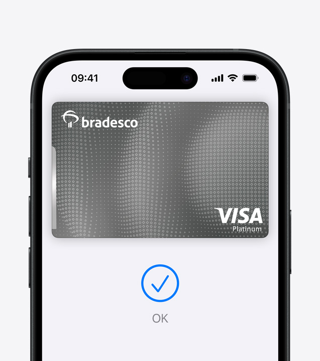 Um close do Face ID autorizando um pagamento com segurança no Apple Pay em um iPhone.