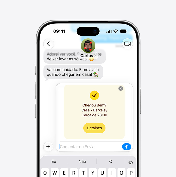 A tela do iPhone mostra uma conversa no Mensagens com o recurso Chegou Bem em uso
