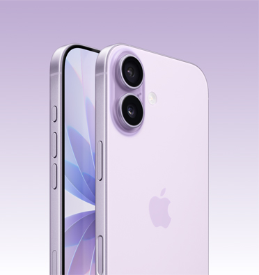 Parte da tela e ângulo lateral do iPhone 17 na cor lavanda mostrando o botão de Ação, o botão de volume e o botão lateral. Imagem da parte de trás mostrando o sistema de câmera dupla Fusion no canto superior esquerdo.
