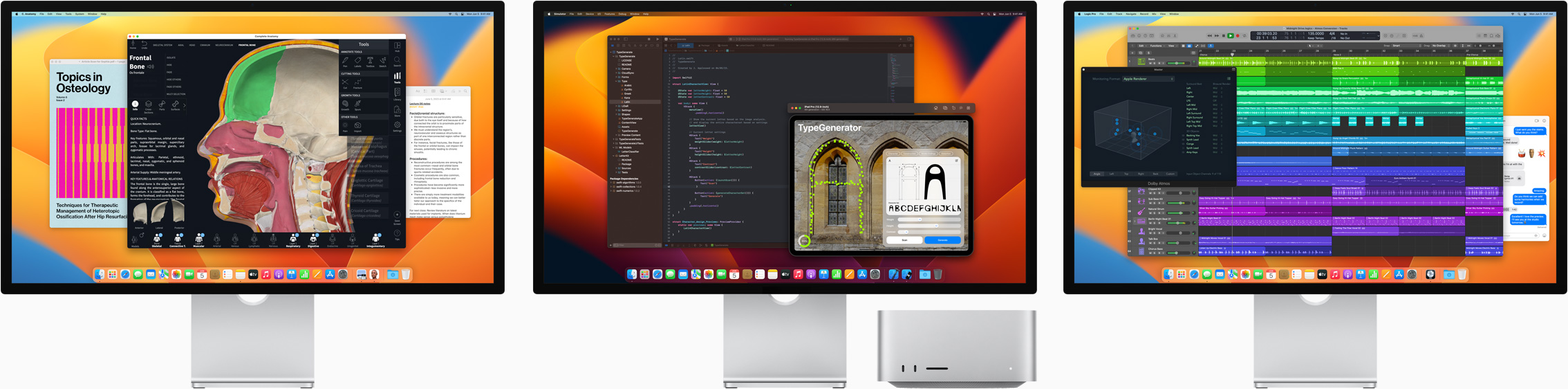 Mac Studio e três monitores Studio Display, cada um com um app diferente na tela.