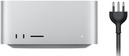 Parte da frente do Mac Studio prateado com duas portas USB-C, slot para cartão SDXC, luz indicadora de status, base afunilada, parte superior plana, laterais arredondadas e bordas retas, cabo de alimentação preto de três pinos