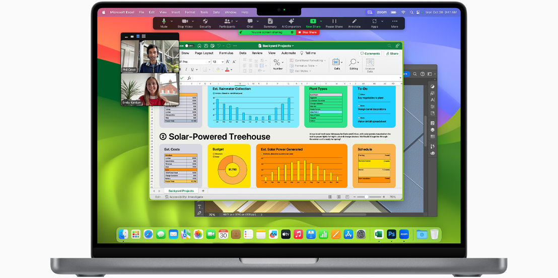 A tela do MacBook Pro mostra o Zoom, o Microsoft Excel e o Adobe Photoshop.