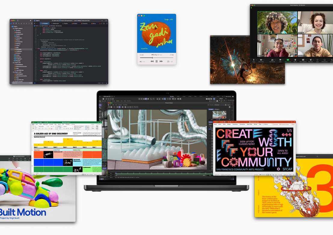 A tela mostra vários softwares e apps compatíveis com o chip da Apple: Xcode, Apple Music, Zoom, Excel, Powerpoint, Keynote, Adobe After Effects, Safari e um jogo.