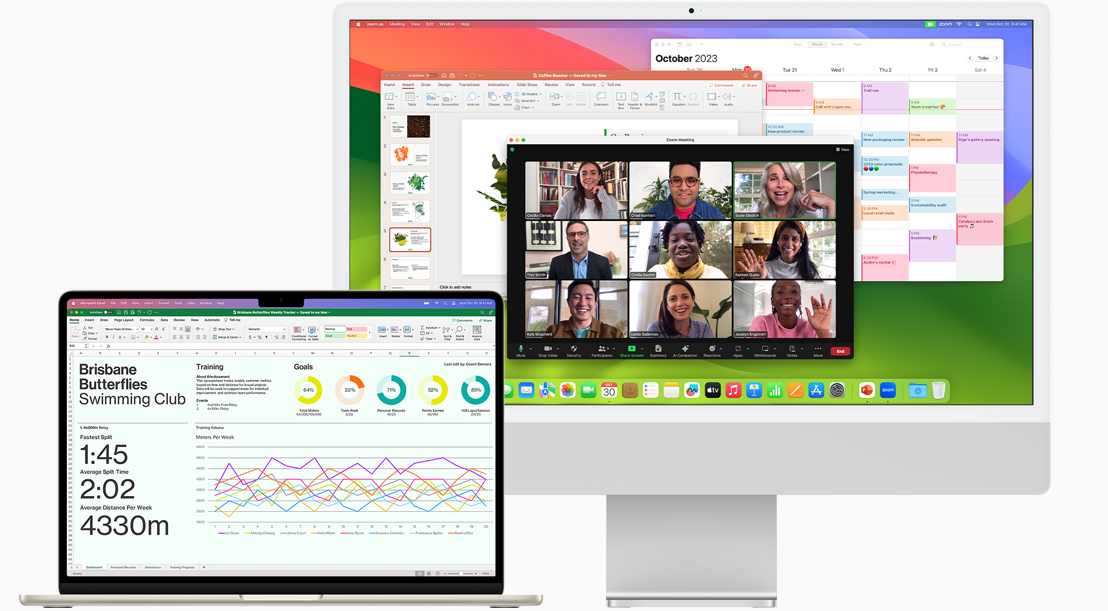 Imagem da frente de um MacBook Air mostrando o Microsoft Excel e imagem da frente de um iMac mostrando o Zoom, o Calendário e o Microsoft Powerpoint.