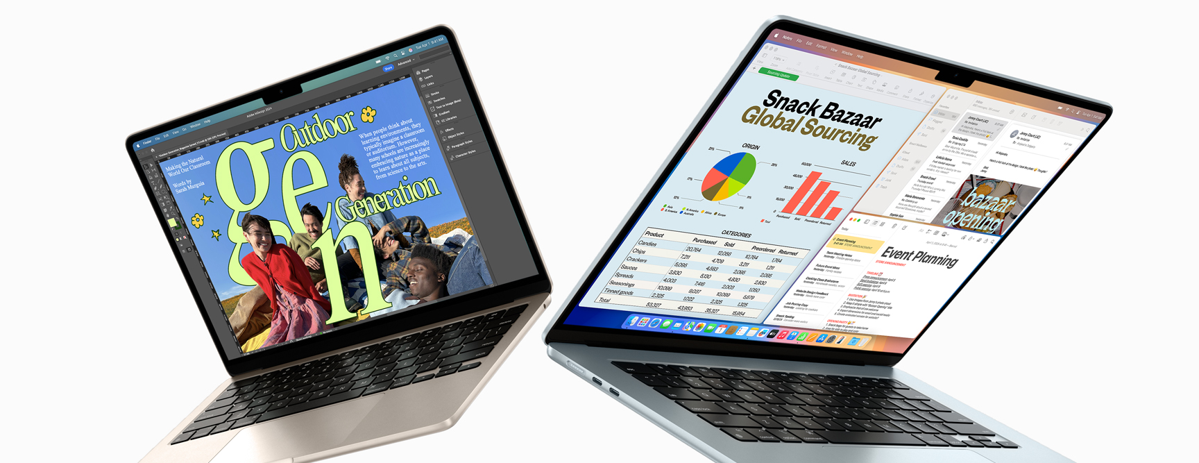 MacBook Air de 13 polegadas à esquerda e MacBook Air de 15 polegadas à direita parcialmente abertos. A tela de 13 polegadas mostra uma capa de revista colorida criada no In Design. A tela de 15 polegadas mostra o Microsoft Excel e o Slack.