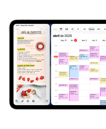 iPad na horizontal, o lado esquerdo da tela mostra o app Diário.