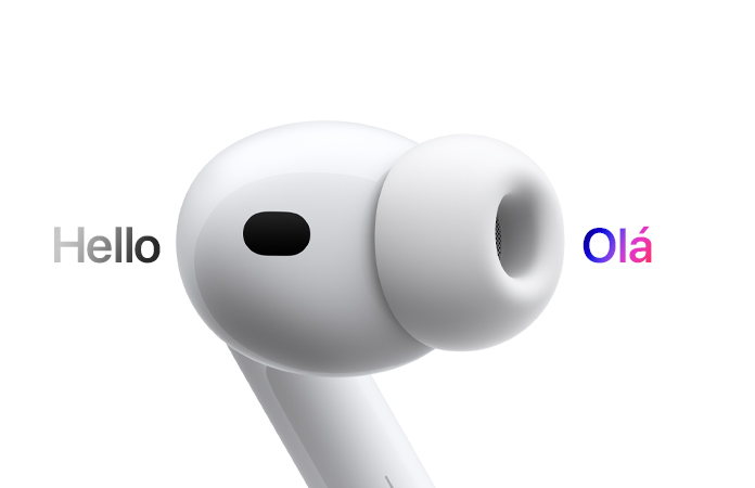 Fone do AirPods Pro 3 demonstrando a tradução ao vivo do espanhol para o inglês.