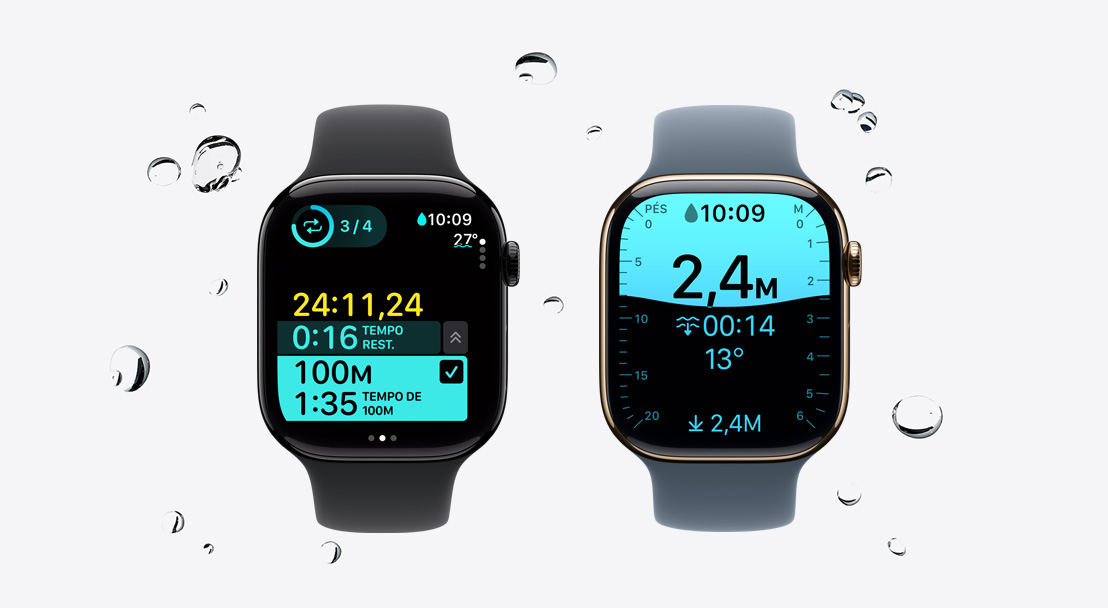 Apple Watch Series 11 com caixa preta brilhante polida de alumínio, app Exercício mostrando um treino de natação, gotas de água passando pelo relógio, pulseira esportiva preta