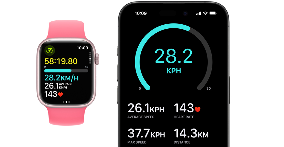 A front view of an Apple Watch and an iPhone. Someone started a workout on their watch and it appeared on their iPhone.