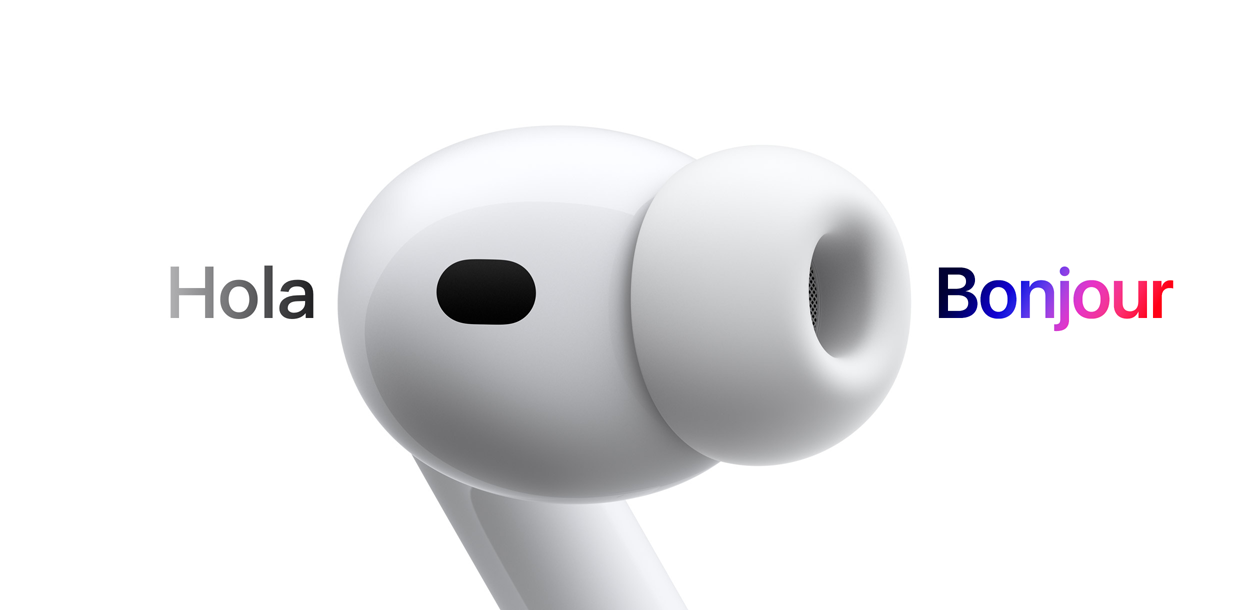 AirPods Pro 3, écouteur avec embout en silicone, traduction en direct des caractères mandarins « nǐ hǎo » en texte anglais « Hello »