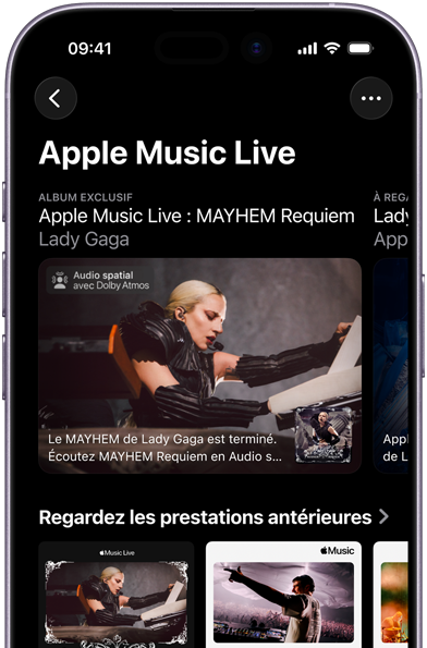 Apple Music Live sur l’écran d’iPhone, affichant les catégories À regarder et Performances précédentes, ainsi que des contenus exclusifs comme Apple Music : Les 100 meilleurs albums