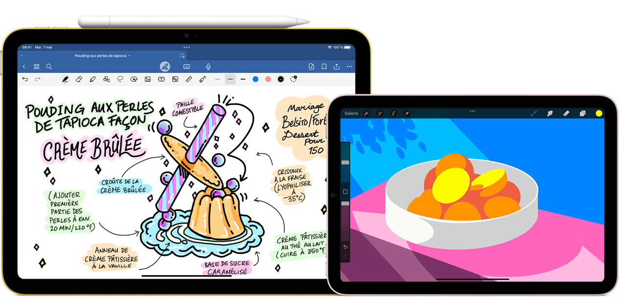 À gauche, iPad dixième génération, orientation paysage. L’écran affiche un graphisme comprenant des notes et un dessin. Un Apple Pencil USB-C est fixé au dessus de l’appareil. À droite, iPad mini, orientation paysage. L’écran affiche une illustration colorée faite dans Procreate.