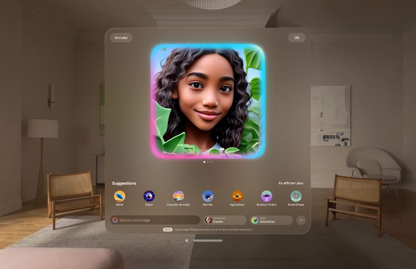 Interface d’Image Playground sur Apple Vision Pro. Au centre d’une illustration colorée se trouve une jeune personne entourée de végétation. Sous l’image se trouvent plusieurs boutons avec des étiquettes comme béret, disco et coucher de soleil.