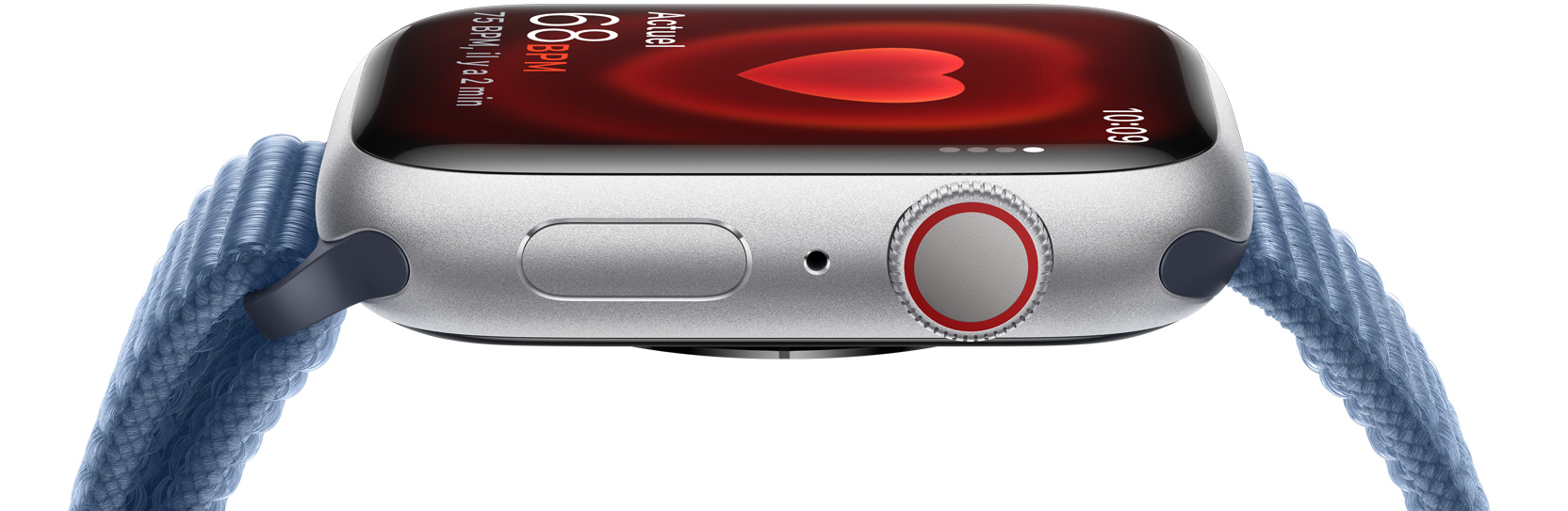 Vue de biais d’une Apple Watch affichant une fréquence cardiaque.