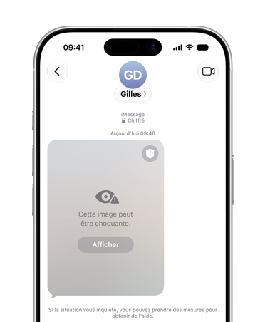 
iPhone affichant un avertissement de la fonctionnalité Sécurité des communications au sujet de contenu potentiellement sensible visionné au moyen d’un compte pour enfant.