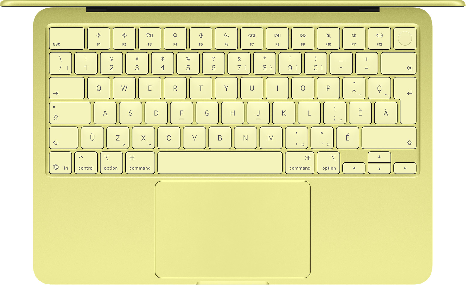 MacBook Neo, vue en plongée, clavier, rangées de touches de fonction pleine taille, bouton Touch ID, pavé tactile, couleur agrume