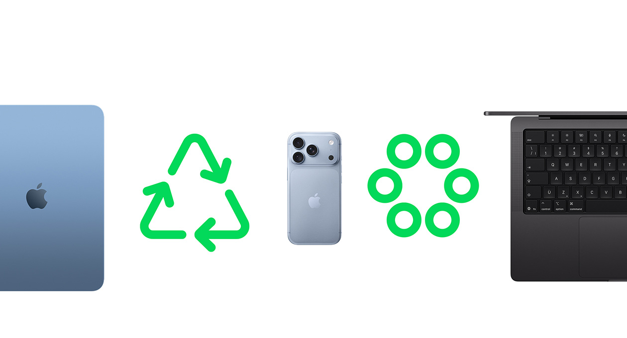 Face arrière d’un iPad Air, bleu, icône de recyclage verte, face arrière d’un iPhone 18 Pro, icône de cercles verts des matériaux, clavier d’un MacBook Pro, vue partielle, noir infini