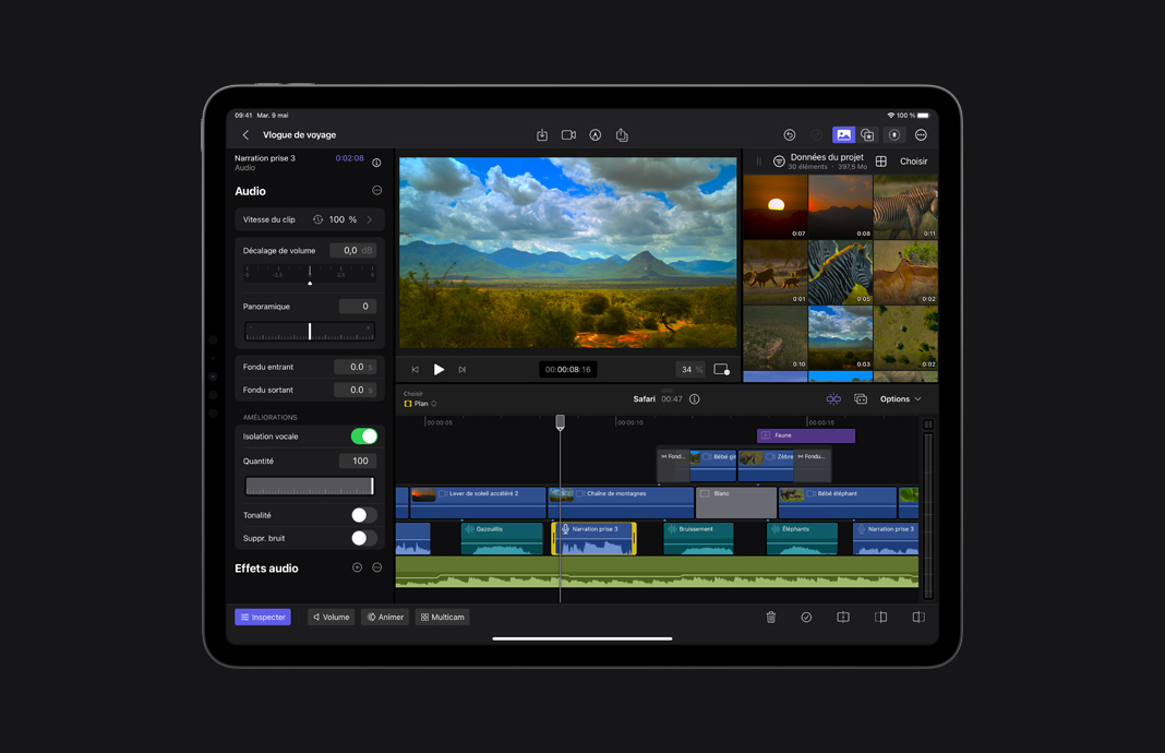 Modification d’un plan audio pour en supprimer le bruit de fond dans Final Cut Pro pour iPad sur un iPad Pro.
