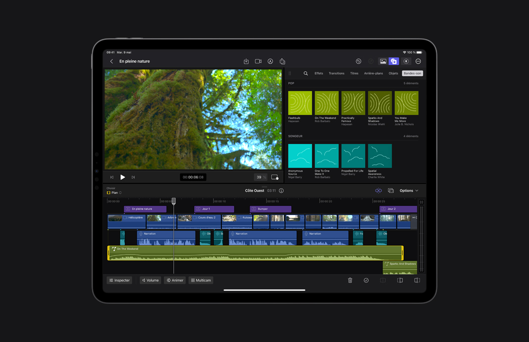 Gros plan sur un iPad Pro montrant la timeline audio dans Final Cut Pro pour iPad.