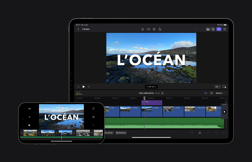 Un projet créé avec iMovie pour iOS est ouvert dans Final Cut Pro pour iPad pour l’étape de finalisation.