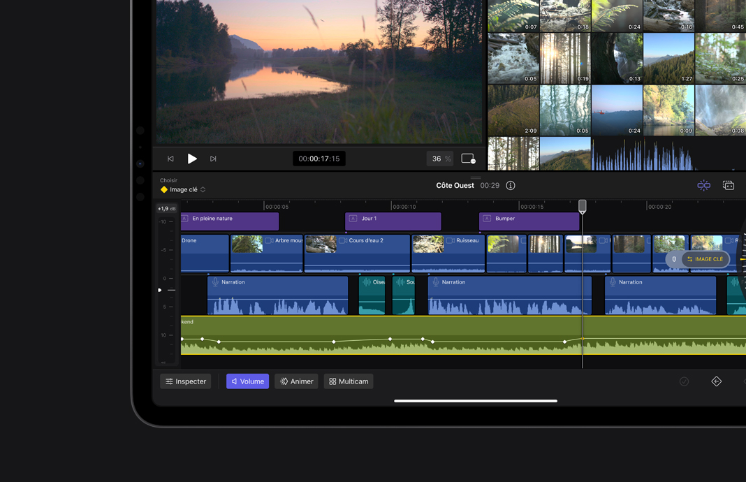 iPad Pro montrant l’animation d’une vidéo au moyen d’images clés dans Final Cut Pro pour iPad.