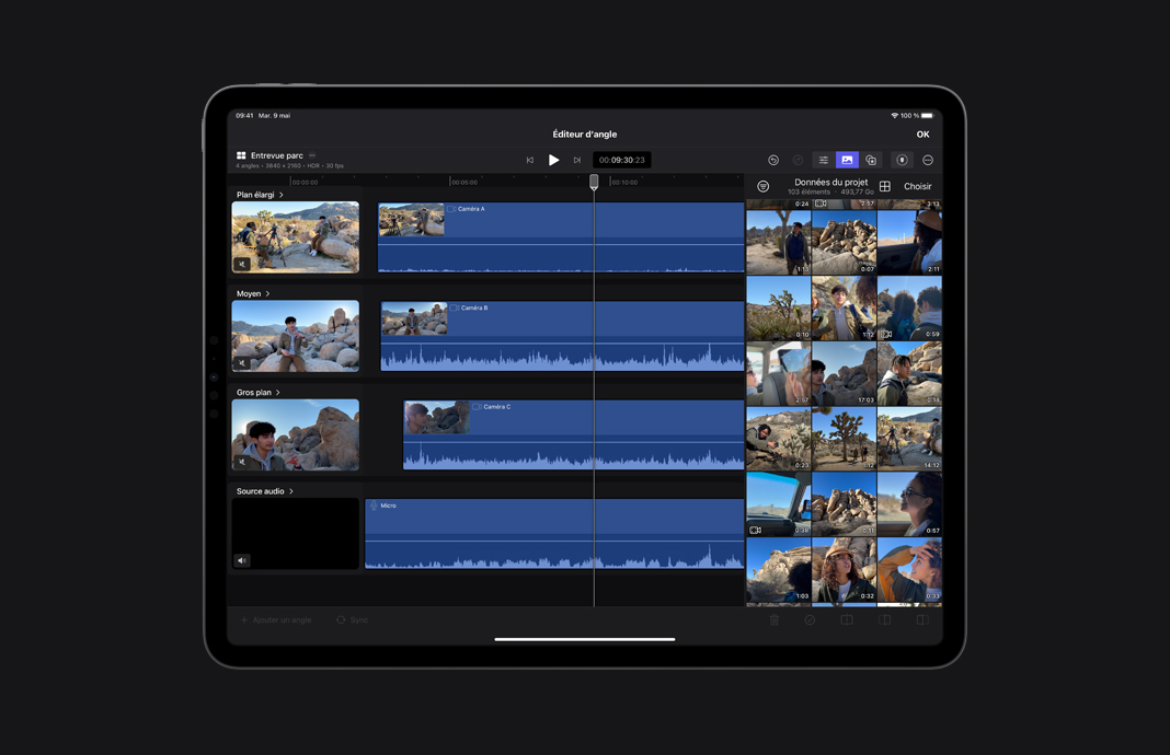 iPad Pro montrant le montage de clips audio et vidéo multicam avec l’éditeur d’angle dans Final Cut Pro pour iPad.